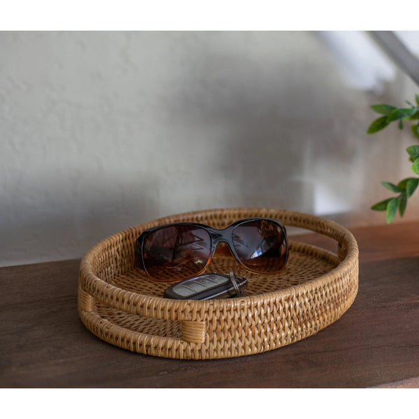 Woven rattan small oval tray with cutout handles