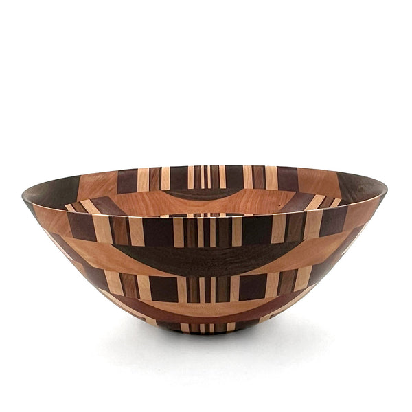 One-of-a-kind centerpiece bowl in contrasting wood patterns