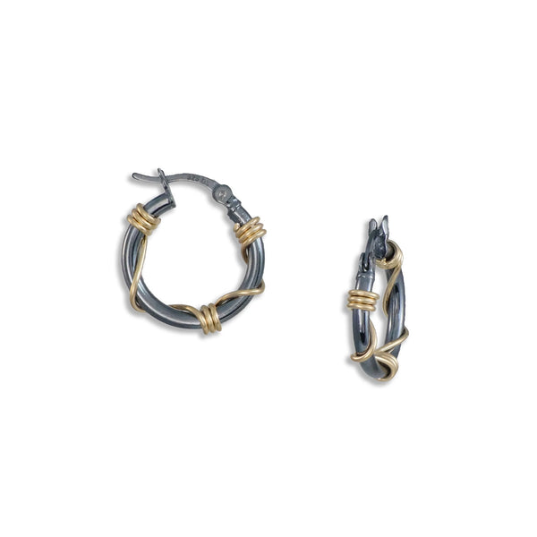 Oxidized silver hoop earrings wrapped with gold wire by Suzanne Q Evon