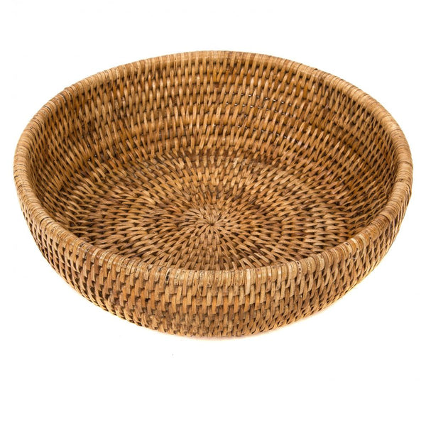 Woven rattan shallow round basket