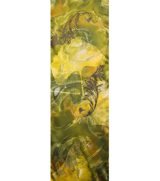 Hand-painted ginkgo silk scarf, green/gold