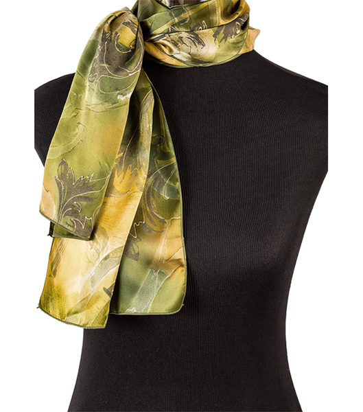 Hand-painted ginkgo silk scarf, green/gold
