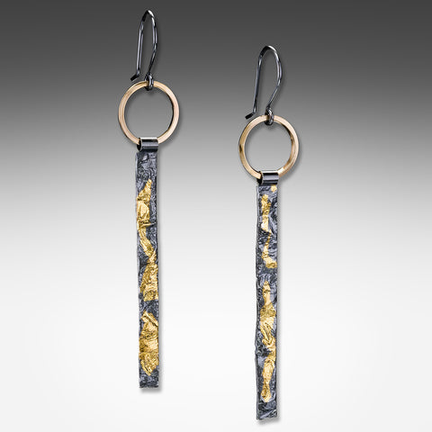 Long tab keum-boo silver earrings on gold vermeil ring by Suzanne Q Evon