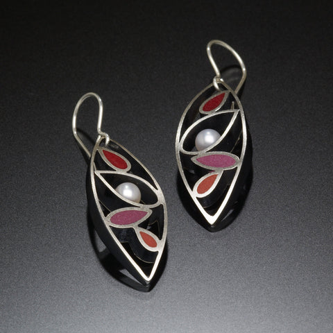 Silver marquis drop wire earrings with red inlays by Susan Kinzig
