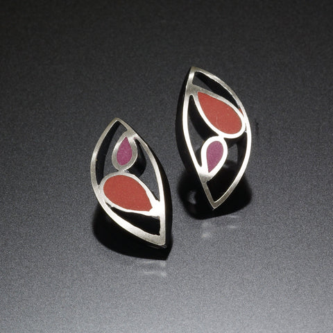 Silver marquis post earrings with red inlays by Susan Kinzig