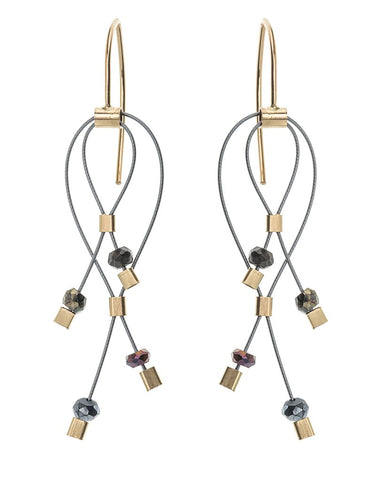 Mini lattice spinel and gunmetal hook earrings by Meghan Patrice Riley