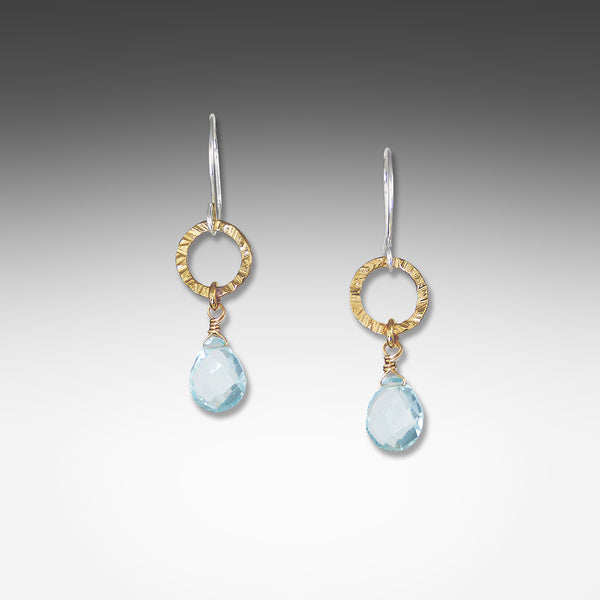 Blue topaz earrings on small hammered hoop by Suzanne Q Evon