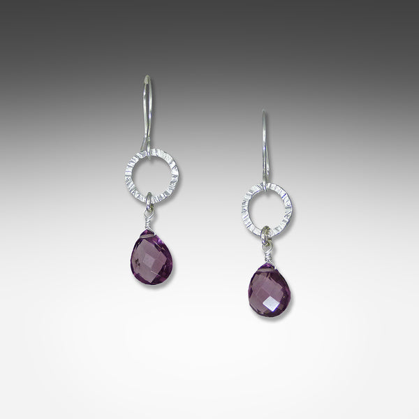 Amethyst earrings on small hammered hoop by Suzanne Q Evon