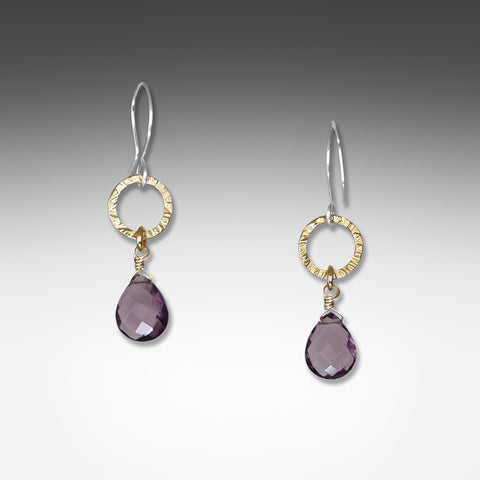 Amethyst earrings on small hammered hoop by Suzanne Q Evon