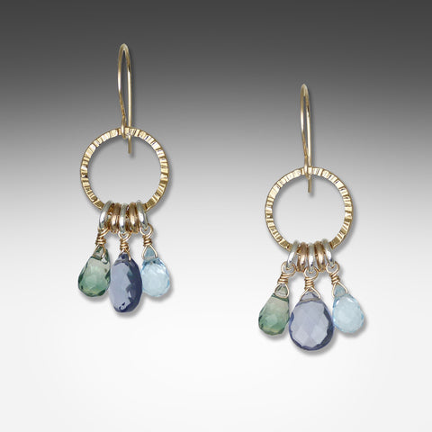 3-stone iolite earrings on gold vermeil hoop by Suzanne Q Evon