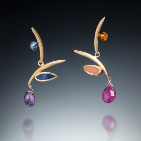 Gold vermeil twig earrings with gemstones and inlays by Susan Kinzig