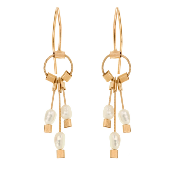 Aerial pearl and gold hook earrings by Meghan Patrice Riley