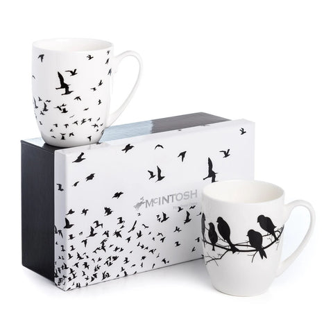 Bone china coffee or tea mugs, bird design, set of 2