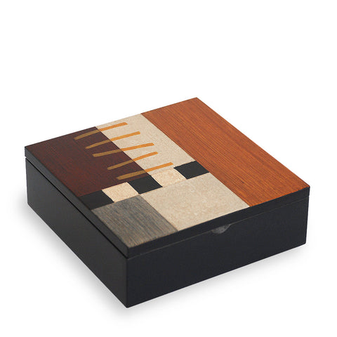 Hand-painted Brazilian wood keepsake box, small square, ladders brown