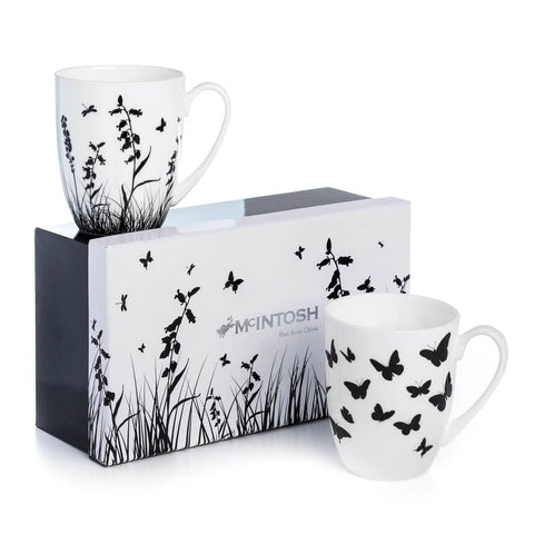 Bone china coffee or tea mugs, meadow design, set of 2