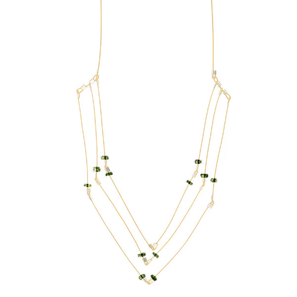 Faceted three strand necklace, tourmaline on gold hardware by Meghan Patrice Riley