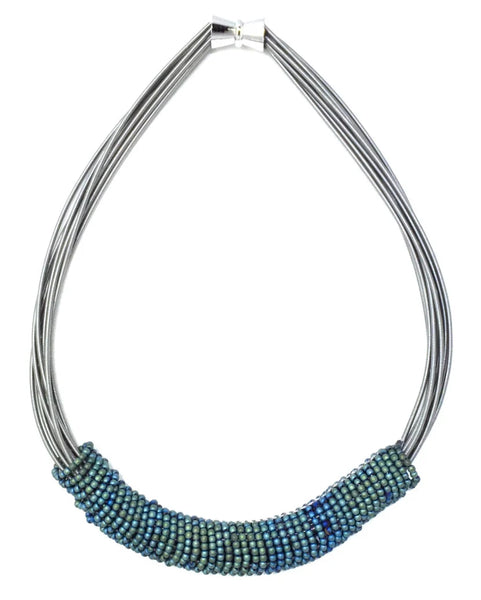 Wire multi-strand necklace with green bead wrap