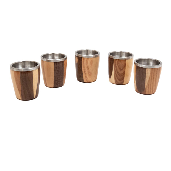 Handcrafted wood shot glasses with steel inserts