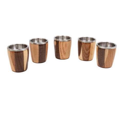 Handcrafted wood shot glasses with steel inserts