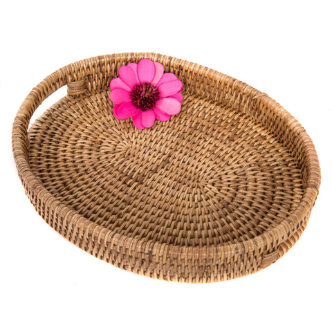 Woven rattan small oval tray with cutout handles