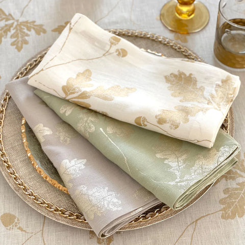 Bodrum Acorn 100% linen metallic print napkins and runners