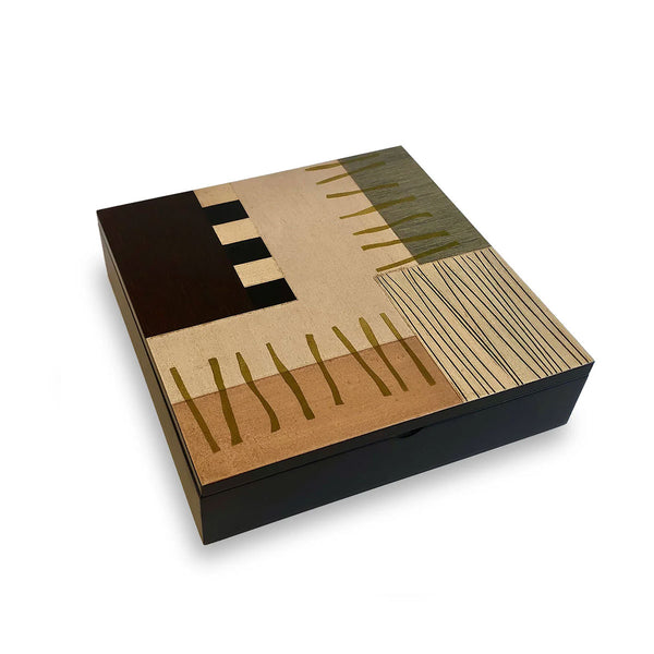 Hand-painted Brazilian wood box, medium square, ladders beige