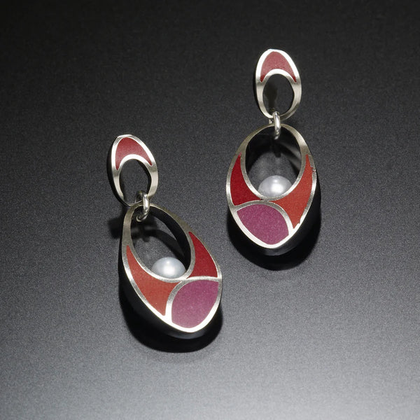 Silver earrings with oval inlay and pearl by Susan Kinzig
