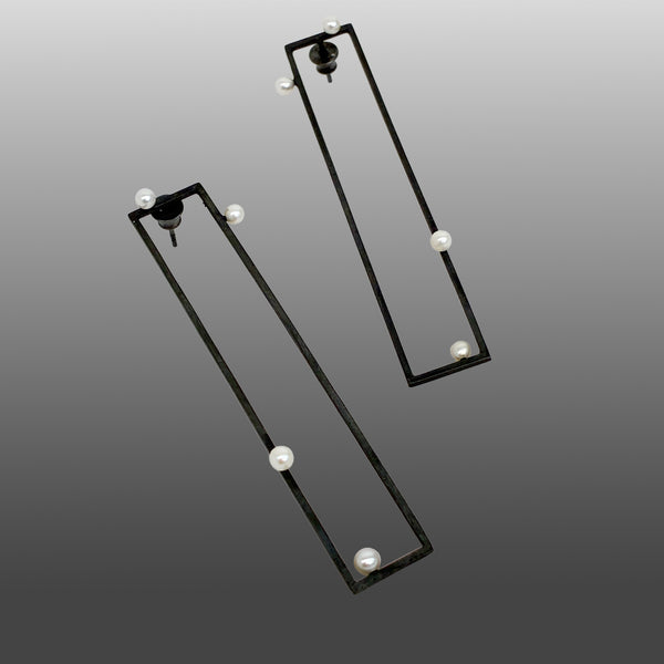 Earrings, long rectangles of oxidized sterling silver with 4 pearls
