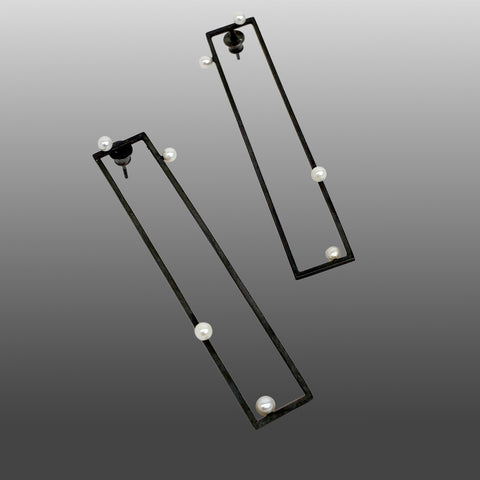 Earrings, long rectangles of oxidized sterling silver with 4 pearls