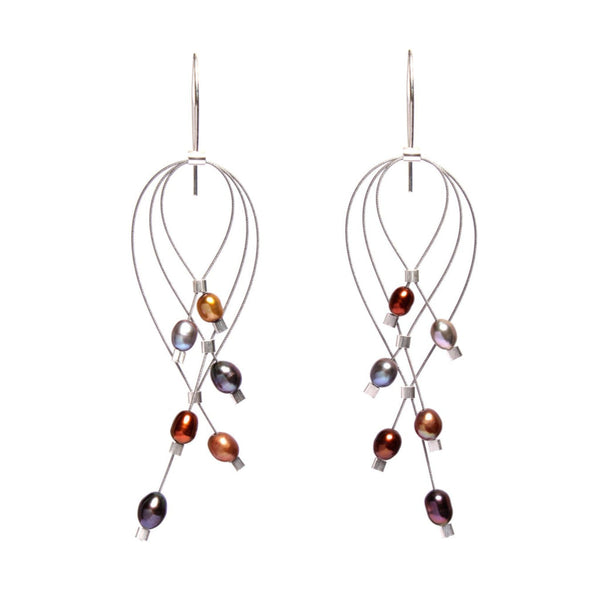 Large lattice metallic pearl & steel hook earrings by Meghan Patrice Riley