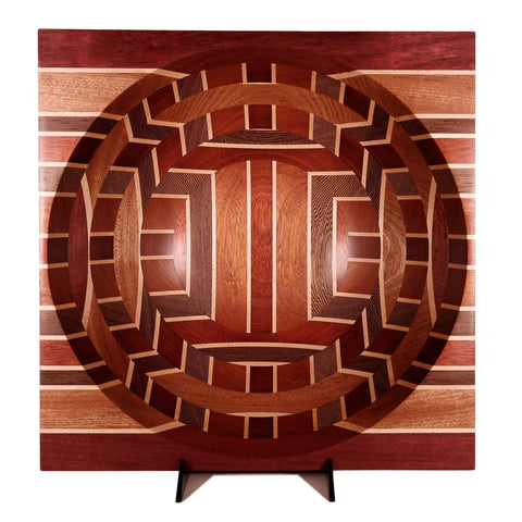 One-of-a-kind square 6-tier centerpiece bowl in geometric wood patterns