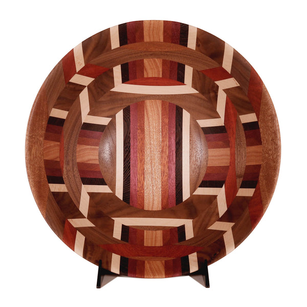 One-of-a-kind 5-tier segmented salad bowl in geometric wood patterns