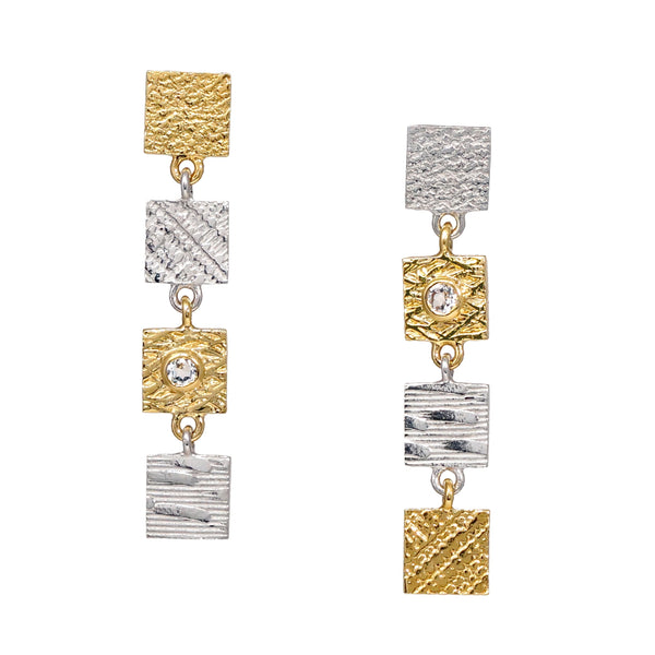 Mixed metal hanging tab earrings, white sapphire, silver & vermeil, by Suzanne Q Evon