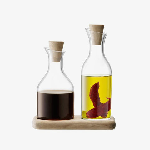 Cruet set for oil/vinegar with oak  base & stoppers