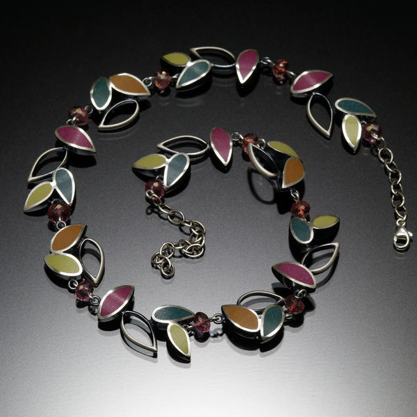 Silver multicolor leaves necklace by Susan Kinzig