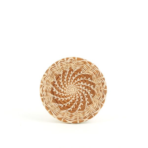 Small shallow pine needle basket with raffia