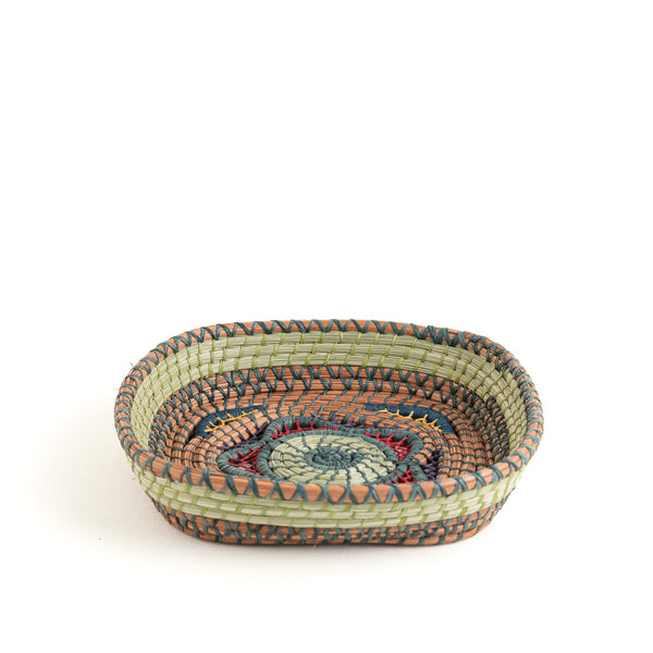 Small Rounded Square Basket in pine needle with raffia accents