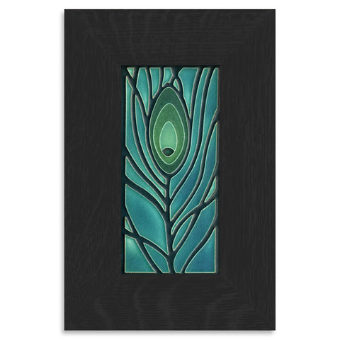 Ebony-framed Motawi ceramic tile with blue peacock feather