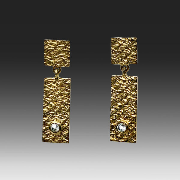 Earrings gold vermeil textured tabs with white sapphires by Suzanne Q Evon