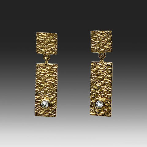 Earrings gold vermeil textured tabs with white sapphires by Suzanne Q Evon