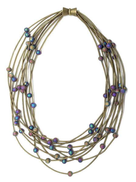 Multi-strand bronze wire necklace with iridescent beads