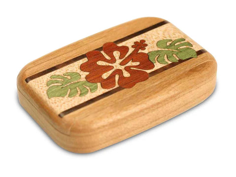 Small flat storage box in cherry wood, hibiscus inlay
