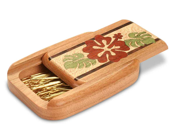 Small flat storage box in cherry wood, hibiscus inlay