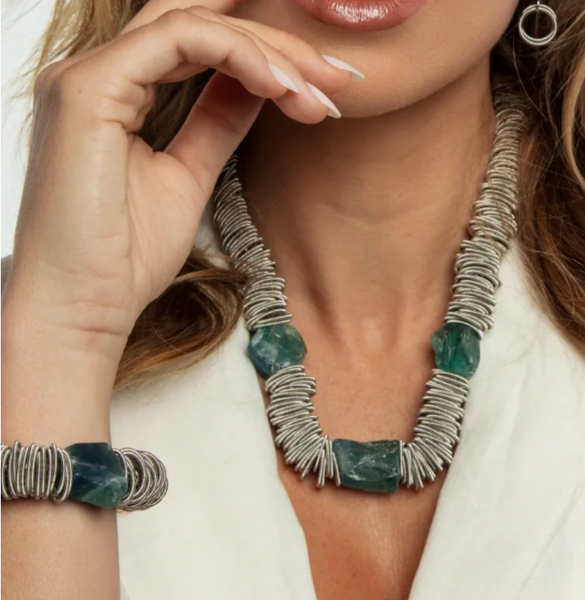 Necklace with wire silver rings and fluorite stones