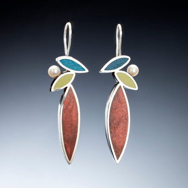 Stacked marquis drop wire earrings with long leaf inlays by Susan Kinzig