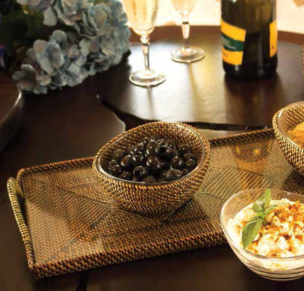 Woven rattan large serving tray with glass insert