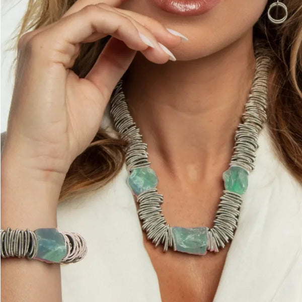 Necklace with wire silver rings and fluorite stones