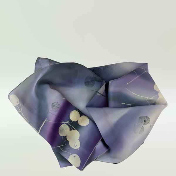 Hand-painted botanical silk scarf, lavender/silver