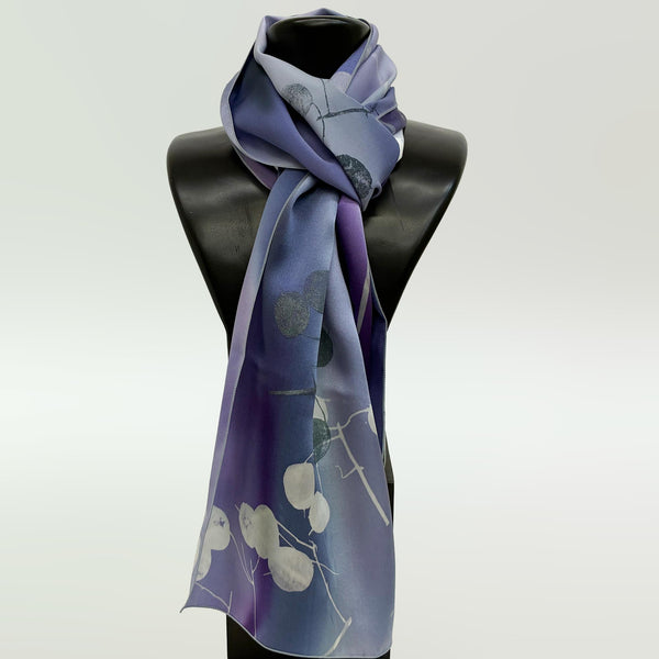 Hand-painted botanical silk scarf, lavender/silver