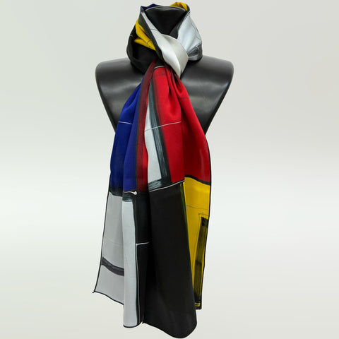 Hand-painted squares silk scarf, blue/yellow/red